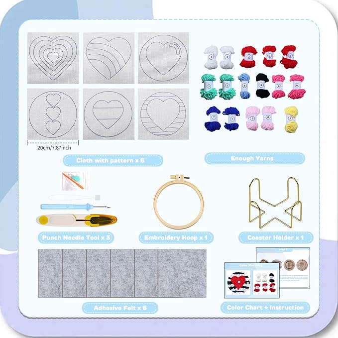 AIRDEA Punch Needle Drink Coasters Kit,Casual Punch Needle Embroidery Complete Kits for Beginner 3.29x3.29 Inches,Included All Accessories,DIY Car Coasters (Purple Pink)