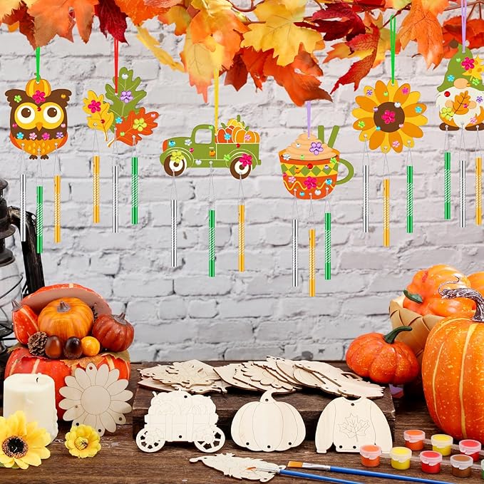 JellyArch 30 Pack Thanksgiving Day Fall Wind Chime Making Kit for Adults Make Your Own Wind Chime Harvest Maple Leaf Wooden Ornaments for DIY Activity Birthday Decoration