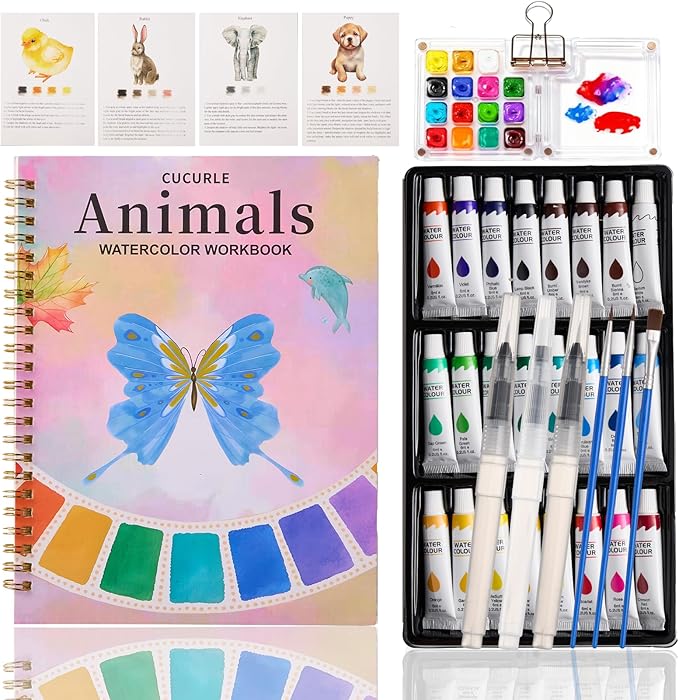 Watercolor Workbook, Water Coloring Book, 24 Colors Watercolor Paint Set with Palette and Brush, 12 Different Patterns of Original DIY Designs, Beginner-Friendly Watercolor Workbook (Animals 1)