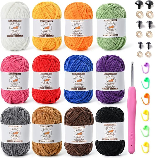 12 Pack Fluffy Velvet Yarn for Crocheting, Chunky Chenille Baby Yarn for Crocheting Soft Blanket, 787 yds Amigurumi Yarns for Knitting, Bulky Multicolored Crochet Yarns Set B