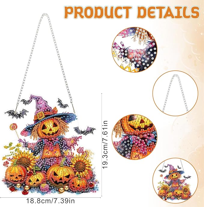 RICUVED Diamond Art Hanging Kit for Adult, Pumpkin Special Shaped Crystal Gem Craft Halloween Diamond Painting Pendant Kit for Beginners, Scarecrow DIY Hanging Diamond Art Ornament Kit for Home Garden
