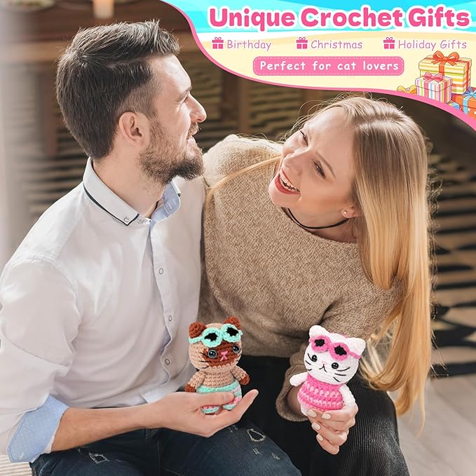 Fortuning's JDS Crochet Kit for Beginners, Couple Cat Crochet Kit for Beginners Adults Kids, Crochet Cat Kit with Step-by-Step Video Tutorials, Creative Handmade Crochet Gifts for Cat Lovers