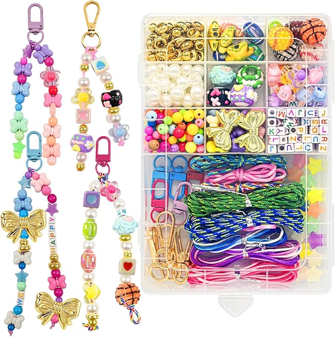 VvLons Bead Keychain Making Kit, Beaded Bag Charm Kit with Glow in The Dark Stars Beads, Colorful Hearts Flowers Bow Letter Alphabet Pony Beads, Football Keyrings Great for Gift or Party DIY Crafts