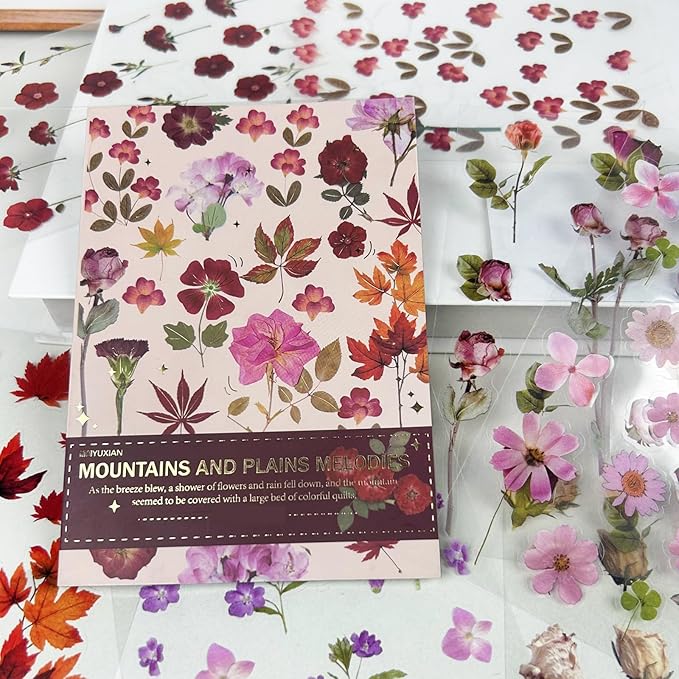 DAPUTOU 400PCS Plants Floral Scrapbook Stickers Kit Vintage Flowers Fall Maple Leaves Transparent Waterproof Stickers Book for Scrapbooking Supplies Aesthetic Junk Journal Journaling Craft 20-Page