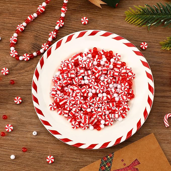 UPINS 1500Pcs Christmas Red and White Beads for Jewelry Making Xmas Candy Polymer Clay Beads for Holiday Necklace Bracelet Earring Craft and Christmas Tree Ornaments