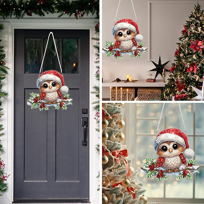 MEIYUDA Christmas Owl Diamond Art Hanging Kits for Adult, Cute Winter Owl Diamond Painting Hanging Kits Ornaments, DIY Special Shaped Rhinestone Window Pendants kit for Home Garden Wall Decor Gift