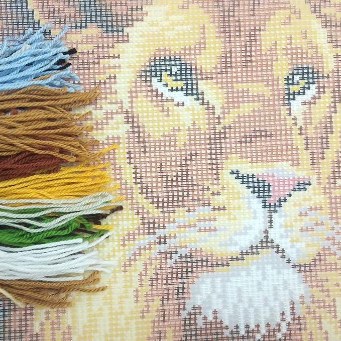Brvsk Ferine Embroidery Kit for Adults and Beginners — Lion 16″ × 16″ with Clear, Precise Printed Design on Cotton Canvas; Includes 2 Needles, Yarn, and Easy-Read Chart