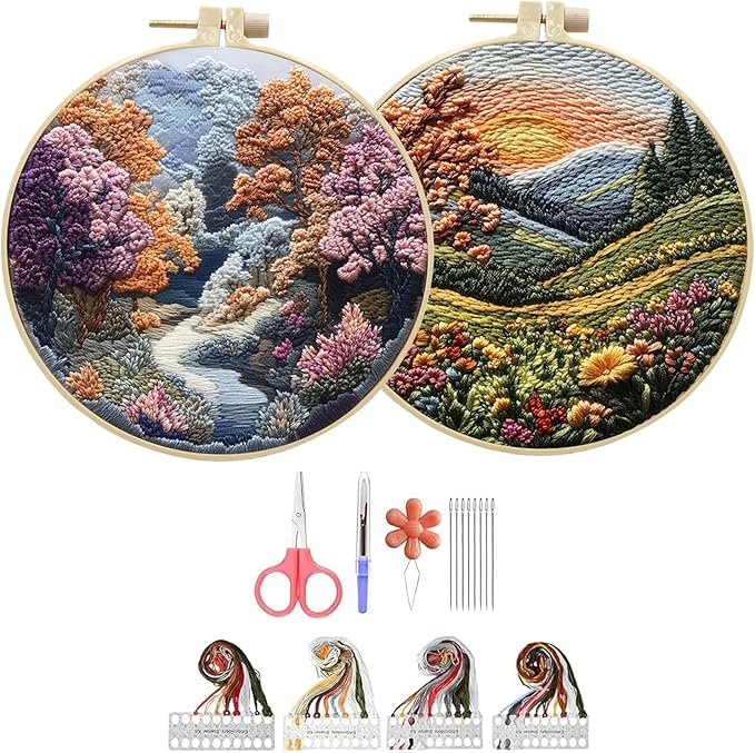 Hzkokon 2 Pack Embroidery Kit for Beginners Adults Cross Stitch Kits Hand Embroidery Kit Includes Stamped Flower Pattern, Hoop, Color Threads,Tools & Follow Instruction