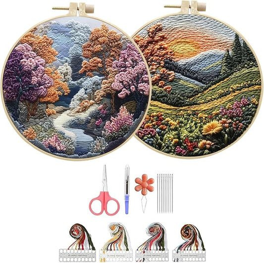 Hzkokon 2 Pack Embroidery Kit for Beginners Adults Cross Stitch Kits Hand Embroidery Kit Includes Stamped Flower Pattern, Hoop, Color Threads,Tools & Follow Instruction