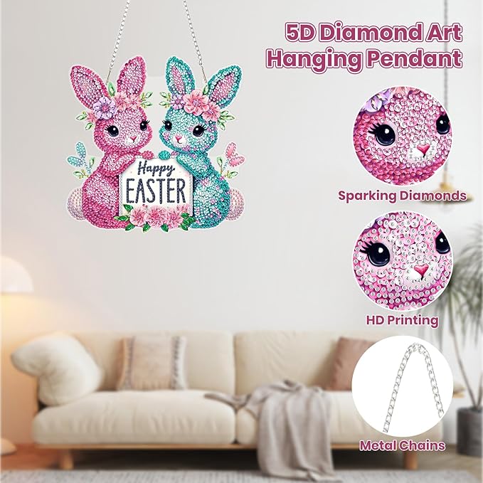 MOGTAA Easter Bunny Diamond Art Hanging Kits for Adults Beginners, Flowers Diamond Art Suncatchers, 5D Special Shape Diamond Painting Window Pendant Kit for Home Garden Wall Decor