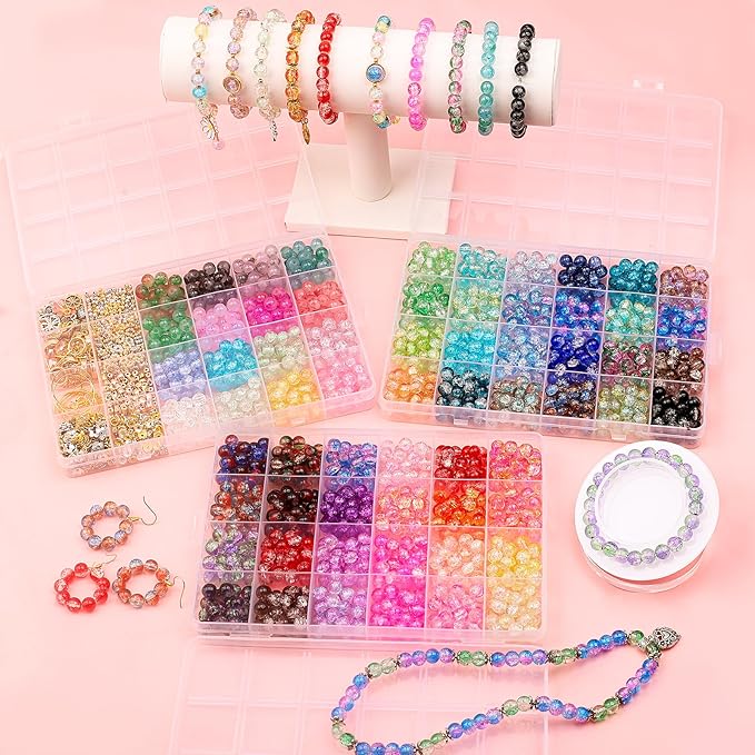ufu 8mm glass beads bracelet making kit, 1540+ pcs 64 colors crackle glass beads for jewelry making, round crystal beads for bracelets necklace earrings diy crafts gifts