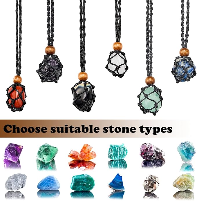 Hicarer 6 Pieces D20 Necklace Cord Empty Stone Holder Empty Necklace Holder Quartz Crystal Stone Cord, 3 Sizes Adjustable Cage Fish Netted for DIY Jewelry Making(Black)