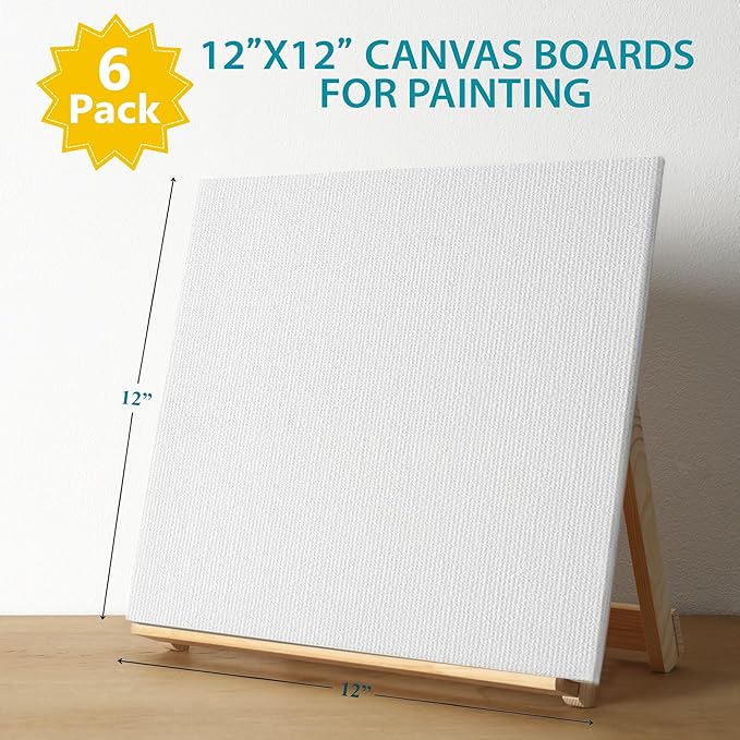 KEFF Canvas Boards for Painting - 12x12 6-Pack Bulk Canvas Panels, 100% Cotton Triple Primed Large Canvases for Art Painting Supplies, Acrylic, Oil, Watercolor & Tempera
