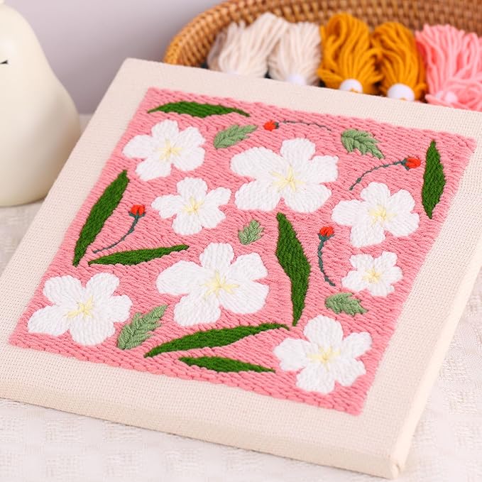embroidery punch needle kit frame, embroidery starter kits for beginner kids,punch needle fabric with pattern,threader, yarns,embroidery hoops & rug punch(pink)