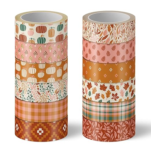 Whaline 12 Rolls Fall Pumpkin Washi Tape Autumn Leaves Boho Washi Masking Tape Thanksgiving Pumpkin Maple Leaf Print Decorative Craft Tape for Fall Scrapbook Gift Wrapping DIY Art Crafts, 16.4Ft