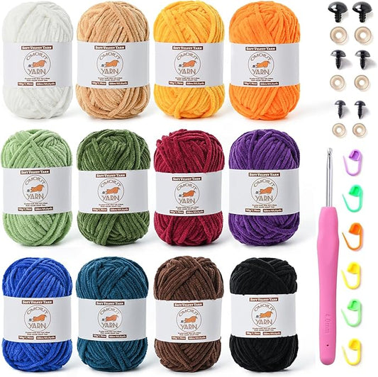 12 Pack Fluffy Velvet Yarn for Crocheting, Chunky Chenille Baby Yarn for Crocheting Soft Blanket, 787 yds Amigurumi Yarns for Knitting, Bulky Multicolored Crochet Yarns Set E