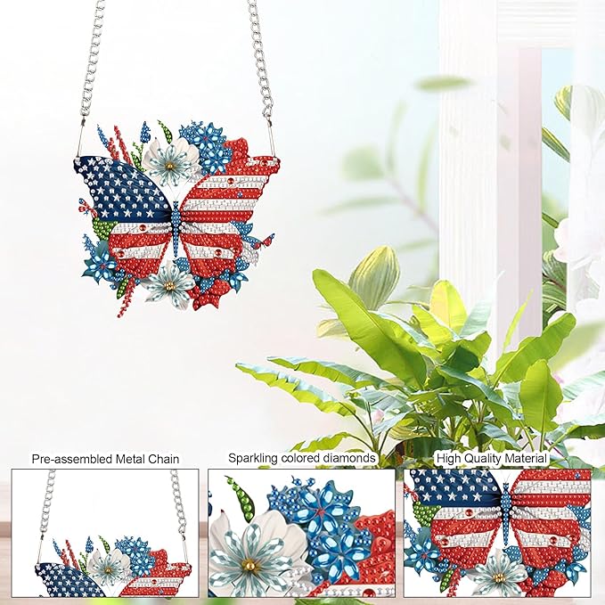 4th of July Diamond Painting Hanging Ornament Kit, Patriotic American Flag Butterfly Wreath DIY Diamond Art Acrylic Pendant, Diamond Painting Kit for Adults Independence Day Home Window Wall Decor