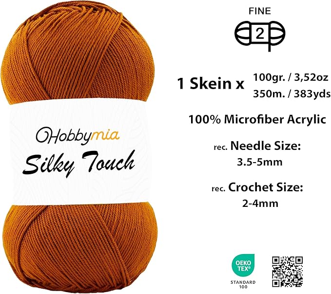 Silky Touch Acrylic Yarn - Soft Sport Weight Yarn for Crochet & Knitting - 100g / 383yds - 100% Microfiber Acrylic - Lightweight Fine Smooth Yarn(Brown - Spice, 1 Skein)