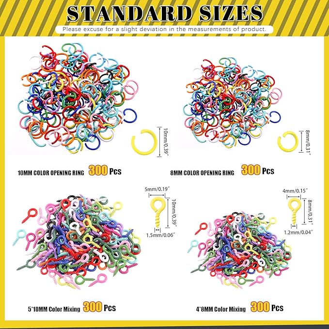 1200Pcs 2 Sizes Colorful Mini Screw Eye Pins and Open Jump Rings Kit Eye Pins Hooks Eyelet Threads Eye Screws Clasps Colored Jump Rings for Bracelet Jewelry Making (10x5mm, 8x4mm)