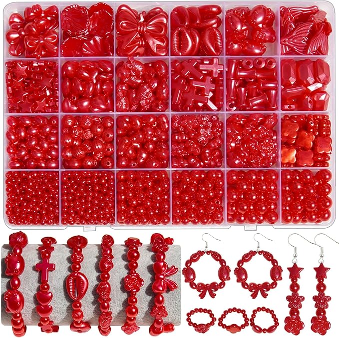 1170 Pcs ABS Imitation Pearl Beads for Jewelry Making, Assorted Heart Star Bowknot Circle Flower Aesthetic Cute Bead for Bracelet Necklaces Earrings Key Chains DIY Phone Charm Crafts (Red)
