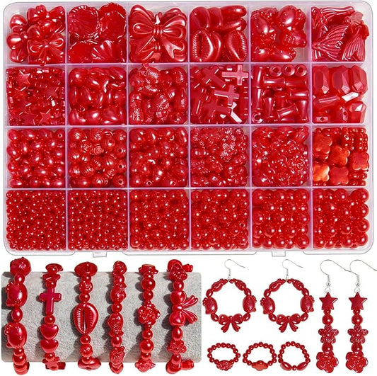 1170 Pcs ABS Imitation Pearl Beads for Jewelry Making, Assorted Heart Star Bowknot Circle Flower Aesthetic Cute Bead for Bracelet Necklaces Earrings Key Chains DIY Phone Charm Crafts (Red)