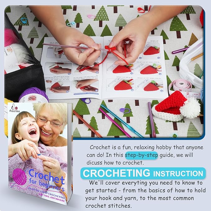 aeelike crochet kit with bag for travel, easy learn to crochet kit for beginners all age,69pcs crochet starter kit include crocheting instruction, 21pcs crochet hooks,15pcs yarn and storage bag