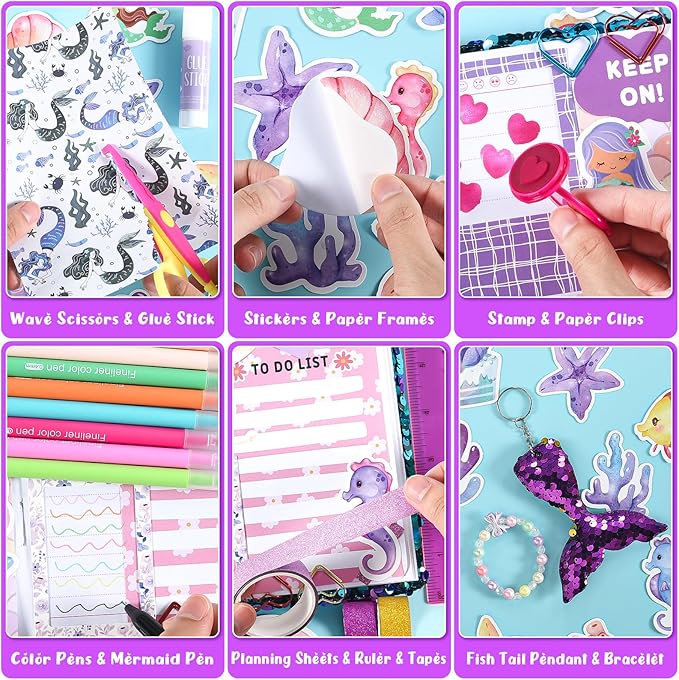 2-pack diy journal kit for girls ages 8-12 13 14 year olds, birthday gifts for teen girls, 110pcs art crafts scrapbook supplies for tween kids, kawaii diary stationary set with mermaid sequin journal