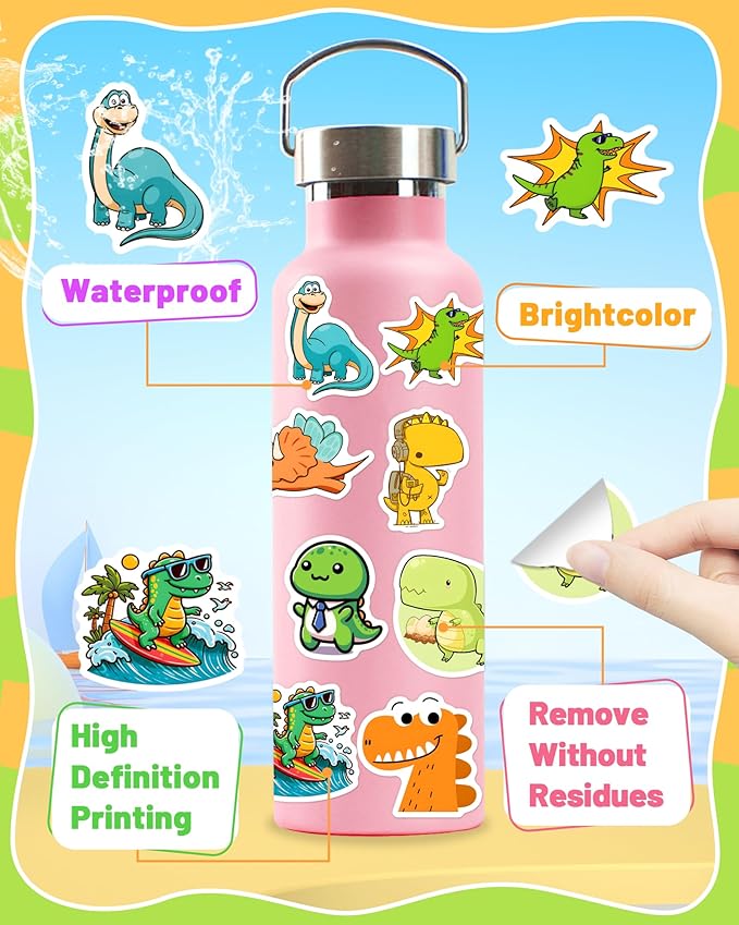 300 pcs dinosaur stickers for kids, cute water bottle stickers for kids waterproof, vinyl laptop kid sticker pack, kid classroom prizes for elementary students
