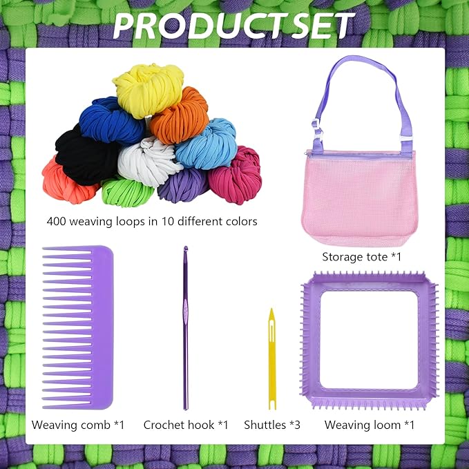 Artcome Pot Holder Weaving Loom Kit with 400 Weaving Loops of 10 Colors, Metal Crochet Hook, Shuttle, Weaving Comb, Storage Hand Bag - Potholder Loom Kit for Girls and Adults - Ideal Gift (Purple)