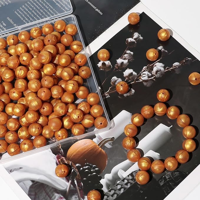 120pcs Richbunnys 15mm Bulk Silicone Beads for Pens and Keychain Making,Large Bead for Necklace and Bracelets Making,Assorted Rubber Beads Set（Pearlescent Gold）
