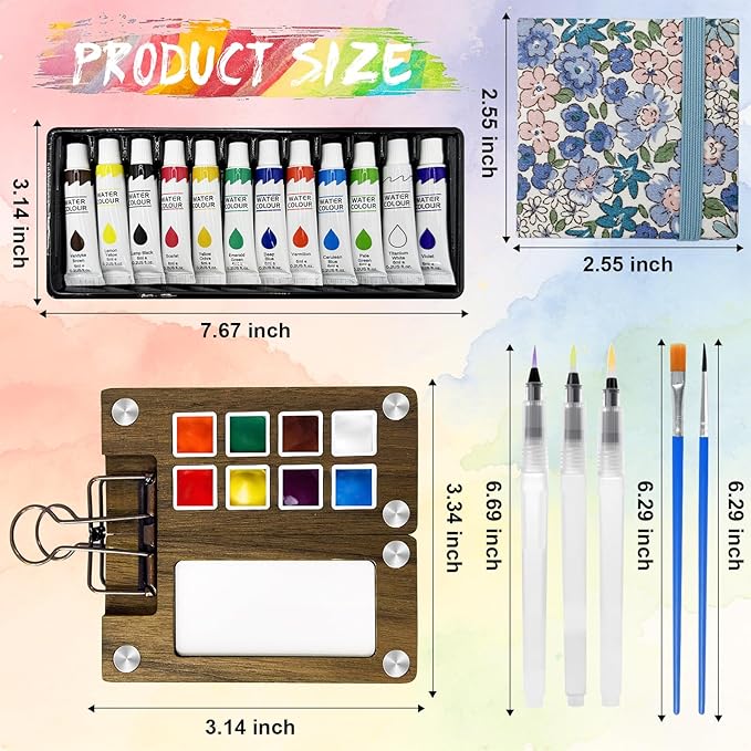 Mini Watercolor Paint Set, Travel Paint kit, Pocket Watercolor Set with Paint, Brush, Sketchbook & Copper Clip for Beginners, Artists & Painting Lovers
