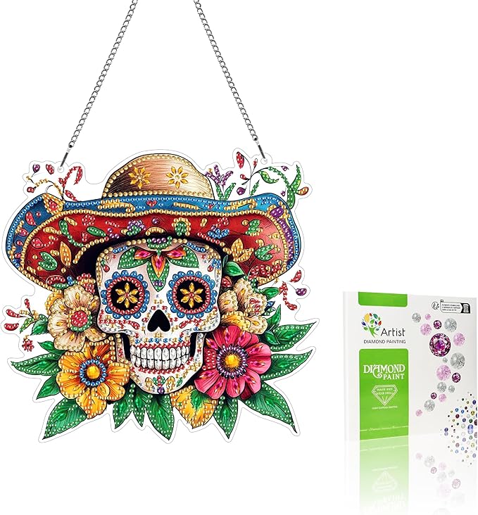 VAIIEYO Skull Diamond Art Hanging Ornament, Flower Diamond Painting Suncatchers Window Hanging Kit with Chain, 7.5x7.5 inch Crystal Pendant Art Craft for Gift Home Wall Front Door Decoration