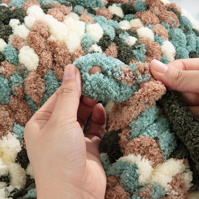 HOMBYS Chunky Tie Dye Mix Chenille Yarn for Hand Knitting, Super Bulky Jumbo Yarn for Crocheting, 3/4" Thick Soft Plush Yarn for Blankets, 8 Skein Pack (26 yds / 7.5 oz Each) Green,White Multi