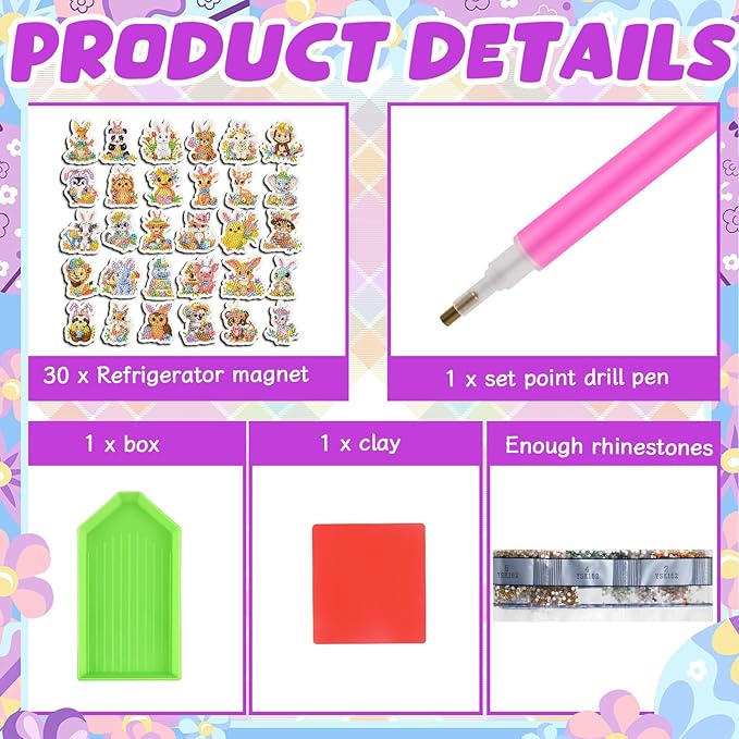 Xuhal 30 Pcs Easter Diamond Painting Magnets Easter Diamond Art Magnet Kits for Adults Bunny Flower Animal Refrigerator Magnetic Sticker Chicken 5D Rhinestone Fridge Sticker for DIY Crafts Fridge Gift
