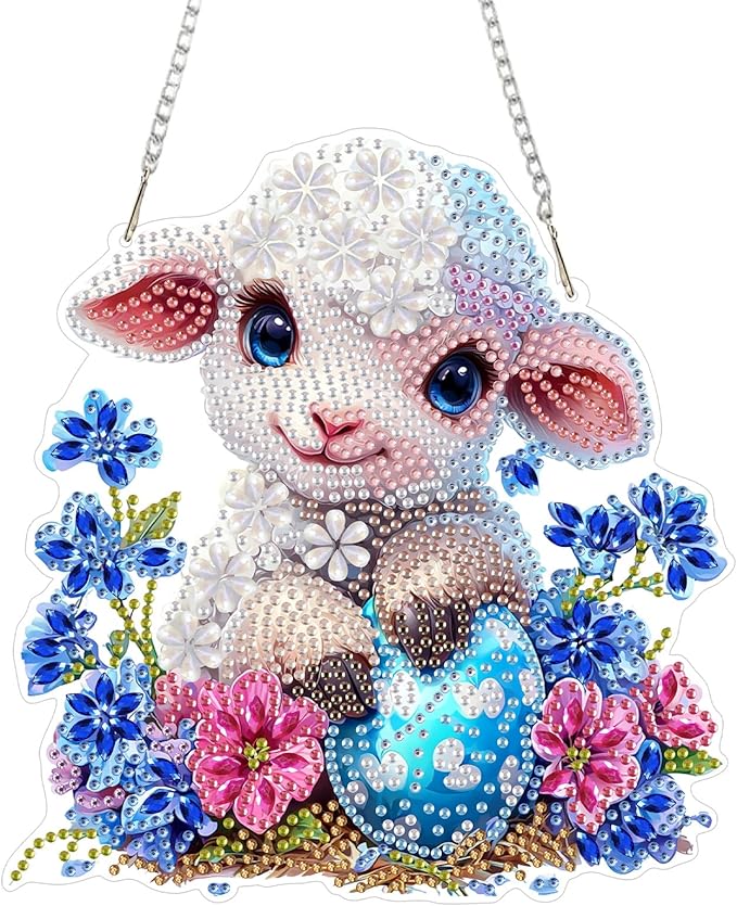 KEYIFA Lamb Hanging Diamond Art Painting Kits for Adults and Kids Age 8-12, 5D Special Shape Diamond Dots Kit Easter Crystal Gem Painting Art Crafts for Window, Wall, Door, Garden Decor
