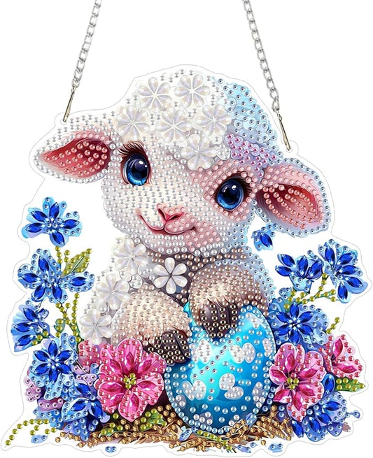 KEYIFA Lamb Hanging Diamond Art Painting Kits for Adults and Kids Age 8-12, 5D Special Shape Diamond Dots Kit Easter Crystal Gem Painting Art Crafts for Window, Wall, Door, Garden Decor