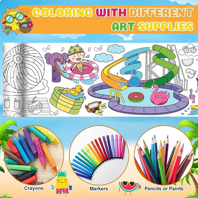 Janlaugh 3 Pack Summer Giant Coloring Posters 9.8ft Large Coloring Sheet Jumbo Motivational Page Tablecloth DIY Drawing Paper Rolls for Adults Summer Party Classroom Craft Team Art Activity
