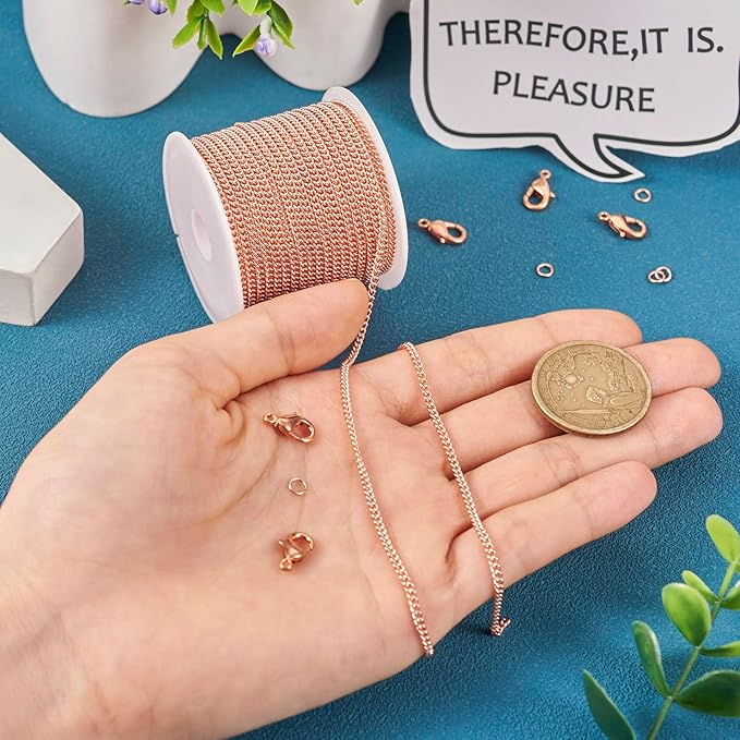 Pandahall 16.4 Feet Real Rose Gold Plated Brass Curb Chain Unwelded Twisted Jewelry Link Chains Bracelet Necklace Making Kit with Lobster Claw Clasps Jump Rings for DIY Jewelry Making