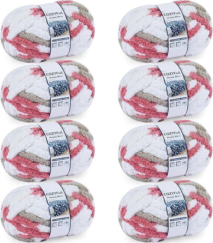 Chunky Yarn for Hand Knitting - #10 Chunky Chenille Blanket Yarn, Jumbo Big Thick Chunky Yarns for Crocheting, Tie Dye Bulky Knit Yarns, 8 Skein (25 yds 8 oz Each Skein), Khaki & Rose & White