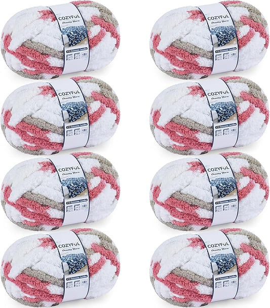 Chunky Yarn for Hand Knitting - #10 Chunky Chenille Blanket Yarn, Jumbo Big Thick Chunky Yarns for Crocheting, Tie Dye Bulky Knit Yarns, 8 Skein (25 yds 8 oz Each Skein), Khaki & Rose & White