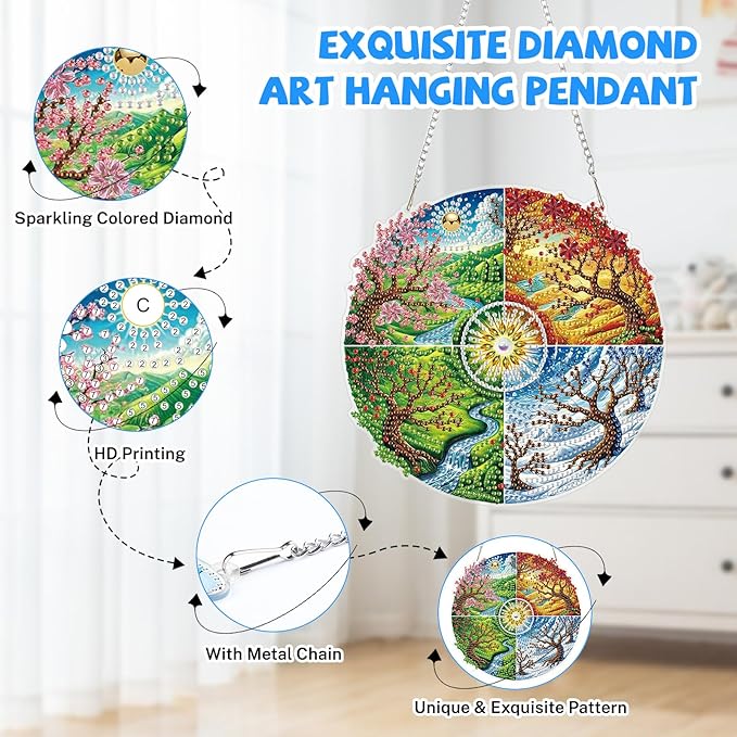 Bowetile Four Seasons Diamond Art Hanging Kits for Adults, Diamond Art Suncatchers Landscape, 5D Special Shape Diamond Painting Pendant Window Ornament Gifts for Home Wall Decor