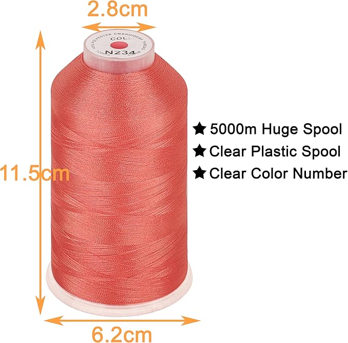 New brothread - Single Huge Spool 5000M Each Polyester Embroidery Machine Thread 40WT for Commercial and Domestic Machines - Coral (Janome Color)