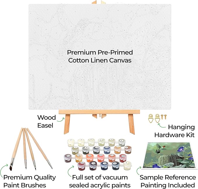 Ledgebay DIY Paint by Numbers Kit for Adults Framed Canvas Beginner to Advanced Paint by Numbers Kit, Kits Include Acrylic Paint Set, Brushes & Tabletop Easel (Hummingbird 16" x 20" Framed)