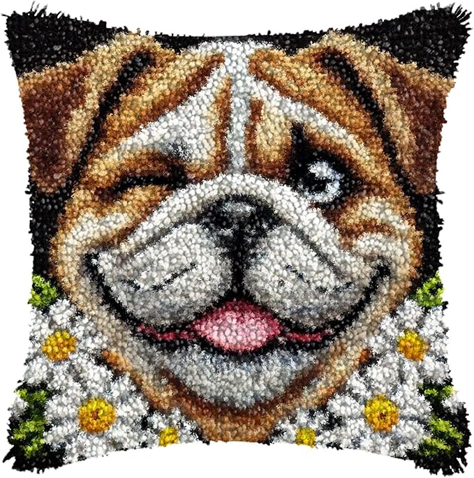 LAPATAIN Latch Hook Kits for Adults,Dog Pattern Color Printed Canvas DIY Throw Pillow Cover,Beginners Handmade Needlework Crafts Home Decoration 17x17inch NP1