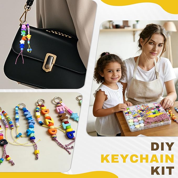 328 PCS Bead Bag Charm Kit for Girls, 40pcs Big Chunky A-Z Keychain Making Kit with Colorful Heart Star Flower Letter Bag Beads DIY Key Chain Charm Supplies for Women and Boys