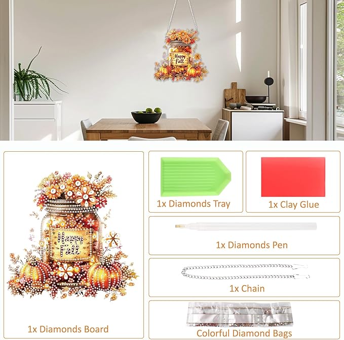 SENQAO Halloween Diamond Art Hanging Kits for Adults Beginners, DIY Acrylic 5D Special Shaped Crystal Diamond Gem Art Painting Hanging Ornament for Home Wall Decor and Gift（Happy Fall Vase Pumpkin）