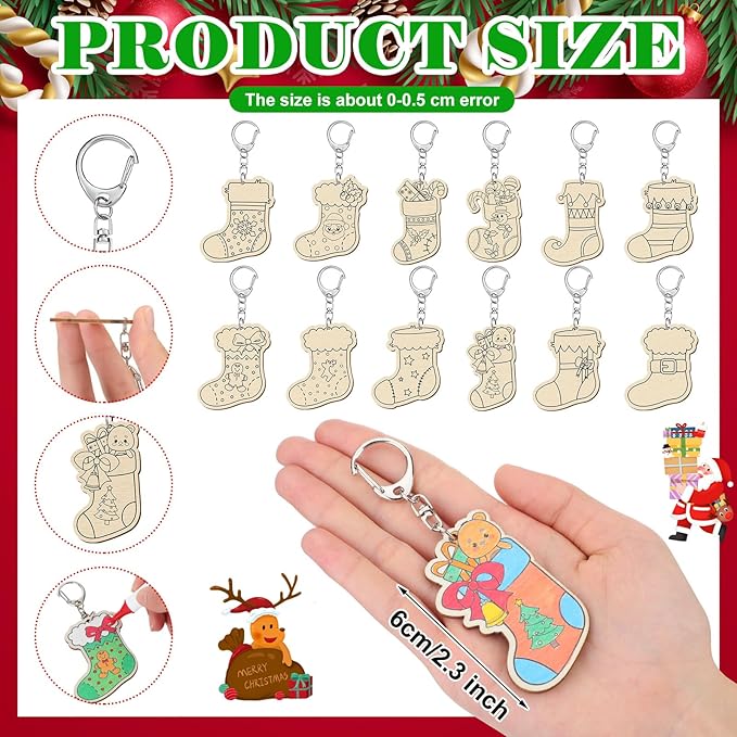 Trnayi 36 Pcs Christmas Stocking Craft Unfinished Wooden Keychains Color Your Own Christmas Stocking Wooden Crafts to Paint Blank Wood Painting DIY Crafts for Xmas Party Home Arts Project Decor