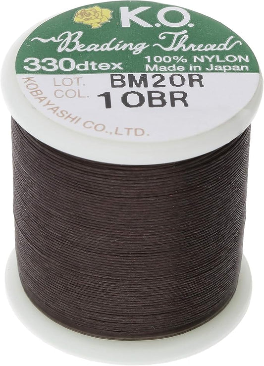 KO Nylon Beading Thread, Dark Brown Color, Japanese Pre-Waxed 100% Nylon, 330TEX, Tangle Resistant Knotting Cords, 50m /55 yds Spool, Use for Seed Bead Projects, Loom Work & Bead Weaving