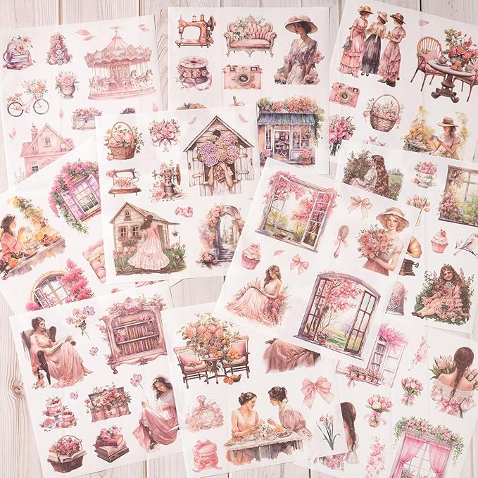 Garden Journaling Stickers, 50 Sheets Washi Junk Journal Sticker Book, Scrapbook Supplies, Watercolor Scrapbooking for Adults, Pink Decorative Ephemera Arts Craft