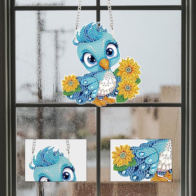 AiYuanzsh DIY Blue Bird Diamond Art Hanging Kit, Flower 5D Acrylic Diamond Painting Pendant Ornament, Crystal Art Suncatcher for Home Wall Decor Gift